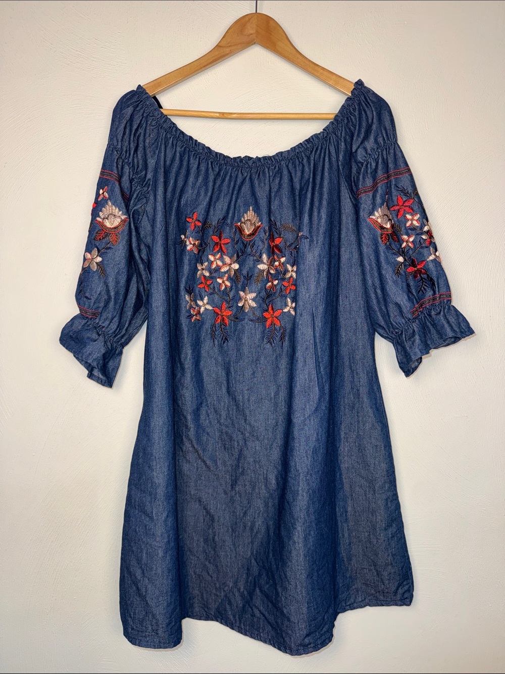 Embroidered Off-Shoulder Tunic Dress - Blue with Red & Cream Flowers